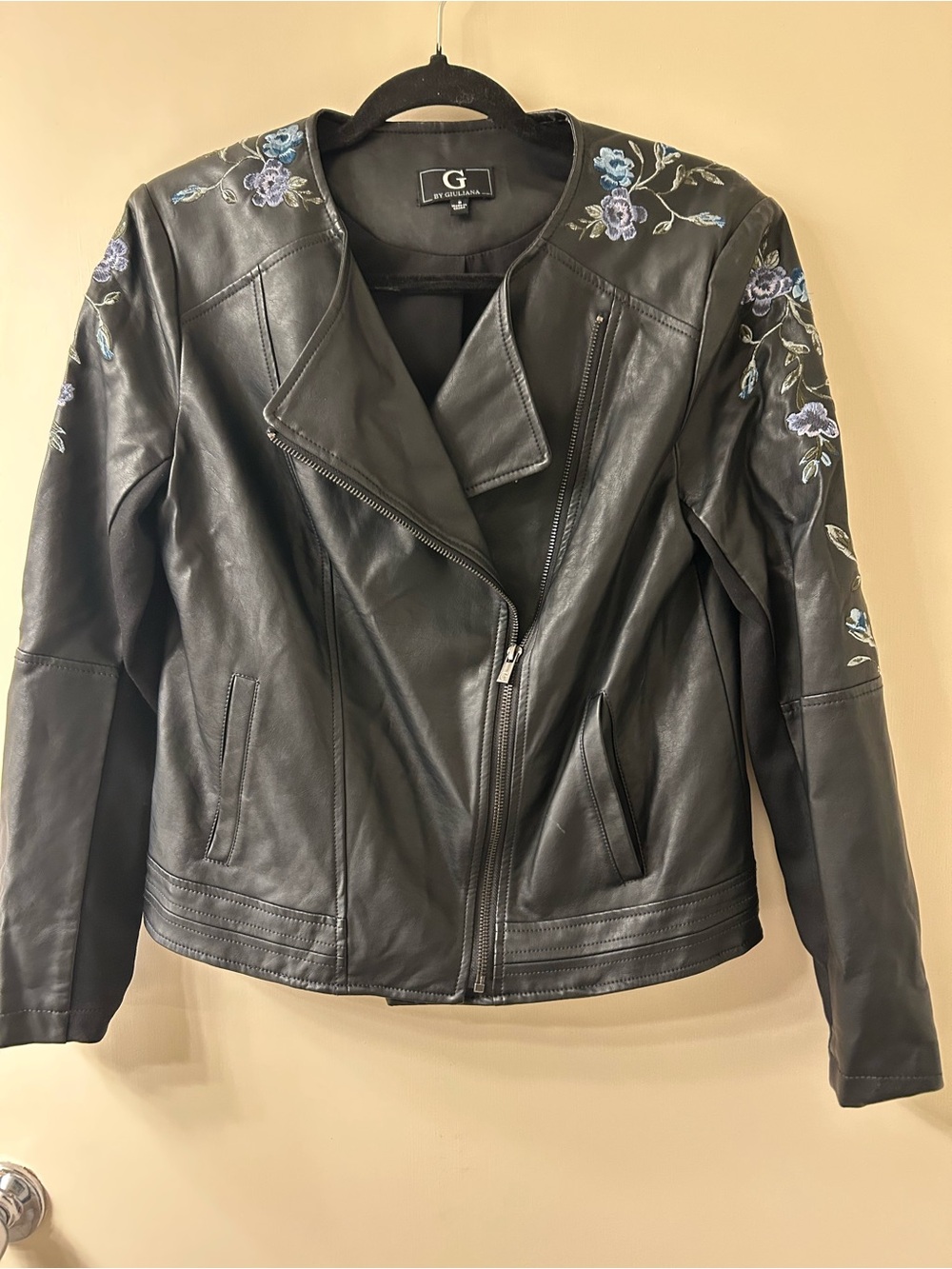G by Giuliana Black Leather Moto Jacket with Purple & Blue Floral Embroidery Sm - Picture 7 of 7